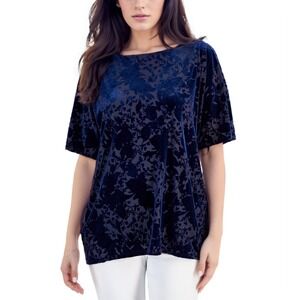 JM Collection Velvet Burnout Floral Tunic Top Womens Medium Blue Boho Romantic